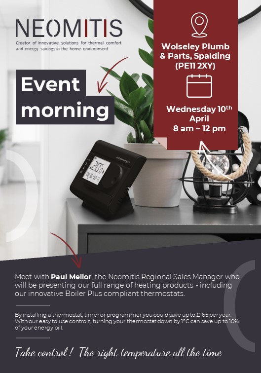 Our RSM @paulm_neomitis will be showcasing the #Neomitis product range at @WolseleyP_P Spalding, (PE11 2XY) on Wednesday 10th April 8 am – 12:00 pm📍 Visit to see how easy our products are to use and install! #Controlofchoice #Thermostat #Electric #Radiators