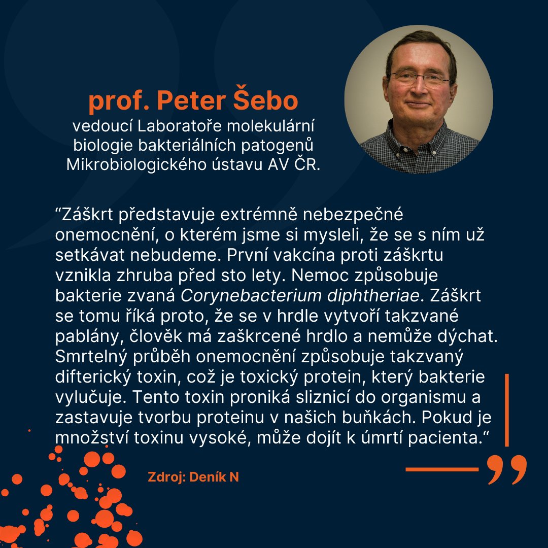 Peter Šebo z @MBU_AVCR reaguje na návrat záškrtu do Česka a 1. úmrtí na záškrt po 55 letech: 'Smrtelný průběh onemocnění způsobuje difterický toxin, který bakterie vylučuje. Pokud je množství toxinu vysoké, může dojít k úmrtí pacienta.' @enkocz denikn.cz/1370849/vetsi-…