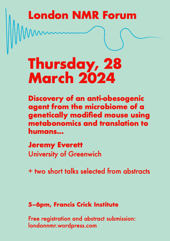 The next London NMR Forum will be Thu 28 Mar, 5-6pm @TheCrick, featuring Jeremy Everett @UniofGreenwich plus two short talks from submitted abstracts. Please register at londonnmr.wordpress.com. Abstract submission open until Tue 19 Mar. #nmrchat #londonnmr