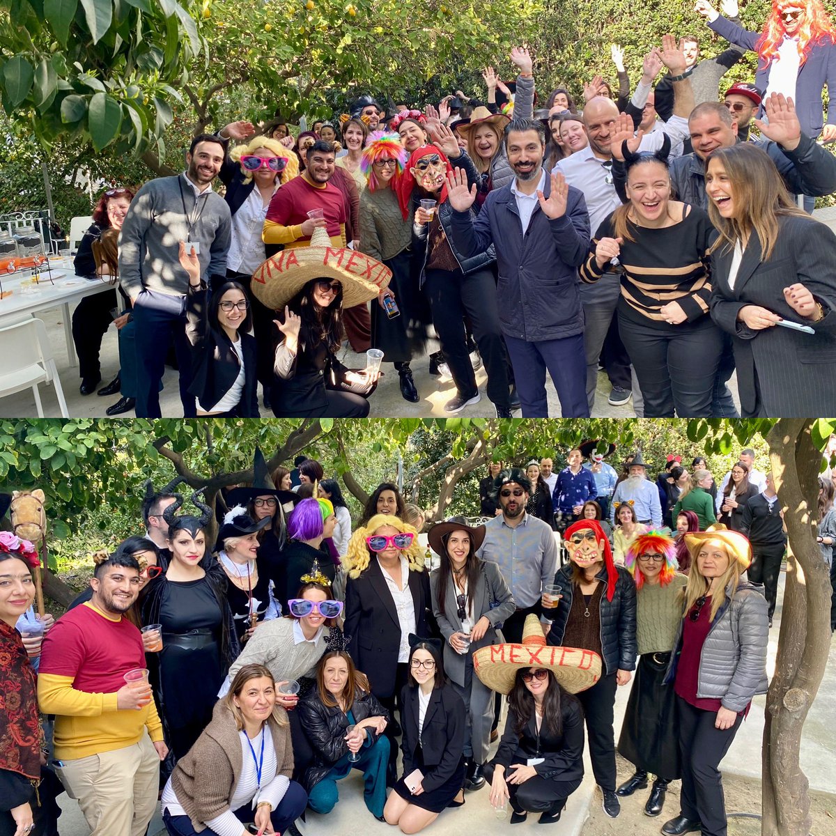 ChrysostomidesK's tweet photo. A welcome break for all under the lemon trees in our firm’s garden! Tsiknopempti is the beginning of the Apokries - Greek carnival season. The name ‘Tsiknopempti’ translates to ‘Smoky Thursday’, since celebrations centre on the consumptions of grilled meats before Lenten fasting. https://t.co/CjKCw1Nr3B