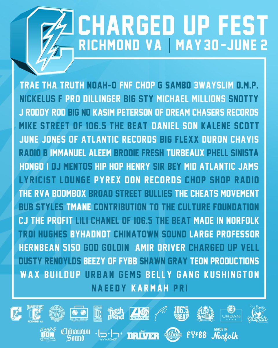 ChargedUpNoahO's tweet photo. Every week until the event we are releasing updated guests who are attending Charged Up Fest.

Community, Culture &amp; Education
May 30th-June 2nd in Richmond, VA https://t.co/qfVI4RDB4F