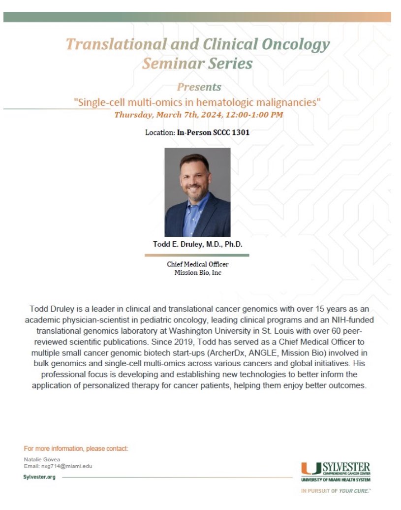 Excited to host Dr. Todd Druley @DruleyMB_CMO for our @SylvesterCancer TCO Seminar today! We had a great scientific conversation over dinner last night and his talk will feature exciting new single cell data from the @MissionBio Tapestri! #leusm #mmsm #lymsm #CHIPsm #cancer