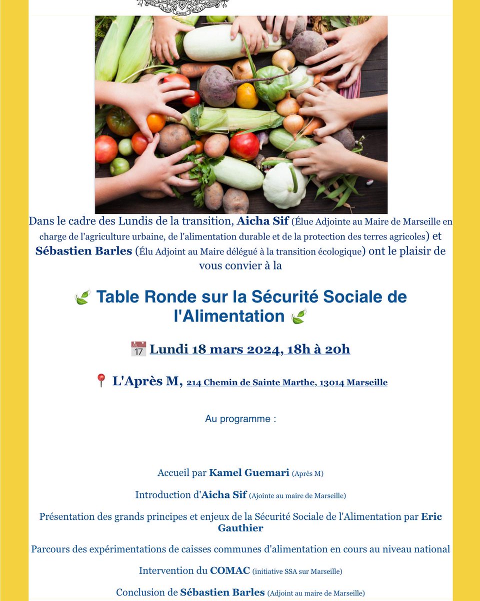 aicha_sif's tweet photo. Nous vous donnons rdv avec @SebastienBarles lundi 18 mars à  L' @ApresM_13 #marseille à partir de 18h. Venez participer à une soirée des #Lundisdelatransition organisée par la @marseille et #Riveneuve pour une Sécurité Sociale de l’#Alimentation #SSA. Pensez à vous inscrire https://t.co/IwRmdMPJ5t