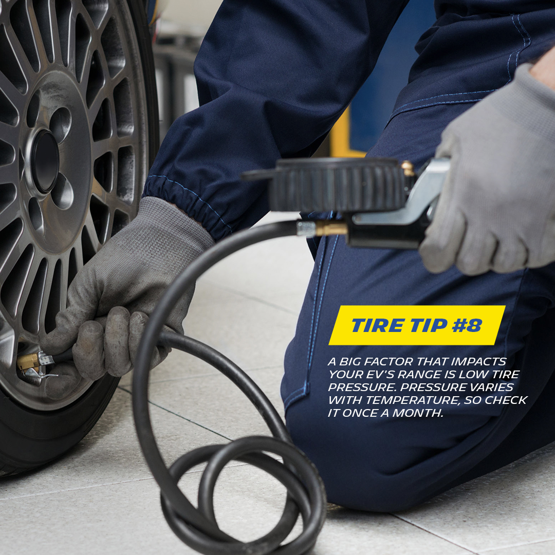 PSI can have a significant impact on the efficiency of your #EV and its range. Be sure check your tires every month. #TireTips -- La pression des pneus a un impact important sur l'efficacité et l'autonomie de votre #VE. Vérifiez vos pneus tous les mois. #ConseilsPneus