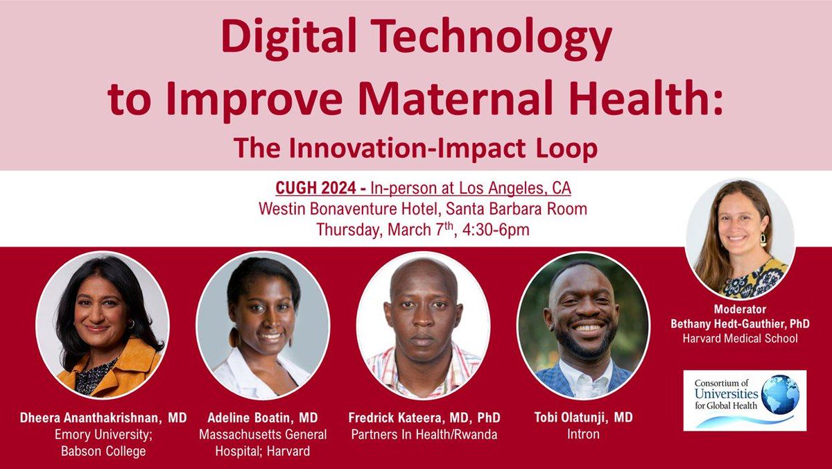 Excited to be part of #CUGH2024! Join us today for a stimulating discussion featuring @PIH Rwanda’s Deputy Executive Director, Dr. Frederick Kateera, alongside an expert panel moderated by our longstanding collaborator, Dr. @BHedtGauthier on improving maternal health. @CUGHnews