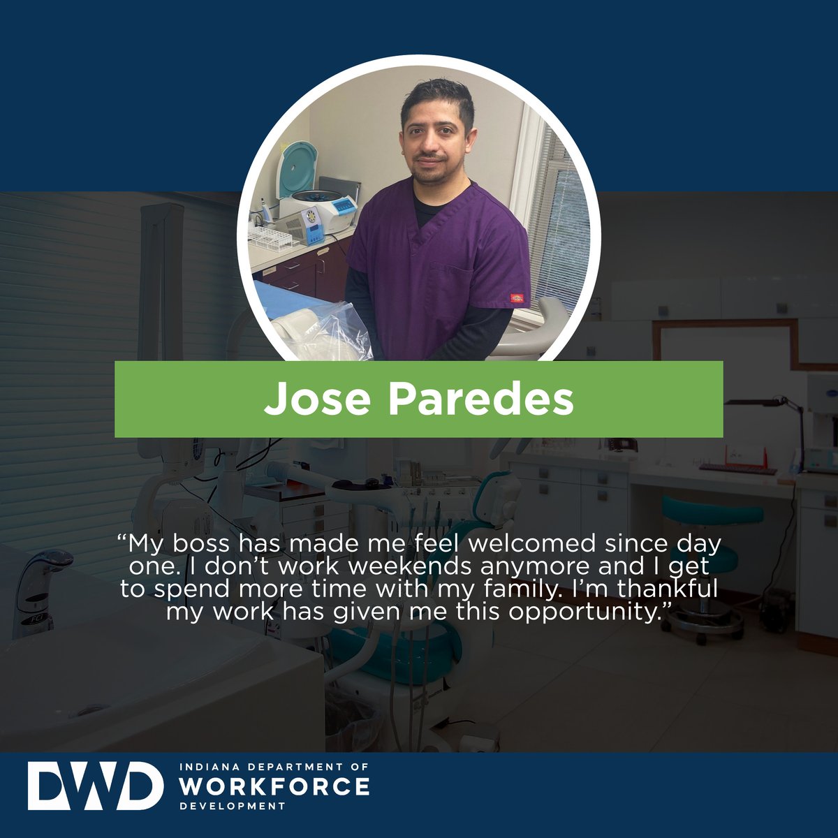 WorkforceIND's tweet photo. Today, we’re featuring Jose of Indianapolis as part of #DARW2024. Last year, he earned a dental assisting credential through @MsdWayneAdultED. He’s now working at a dentist office earning $10 more an hour than his previous job. Find his story here: https://t.co/6XSCE0jS6g https://t.co/A4yjNZYn6d