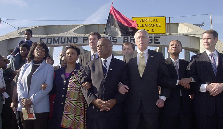 RepStenyHoyer's tweet photo. 59 years ago today, civil rights activists - including my brother John Lewis - were savagely beaten while marching for their right to vote on what is now known as Bloody Sunday.

John never bore resentment and I was honored to cross the Edmund Pettus Bridge with him 15 times. https://t.co/6eYgQuKJT1