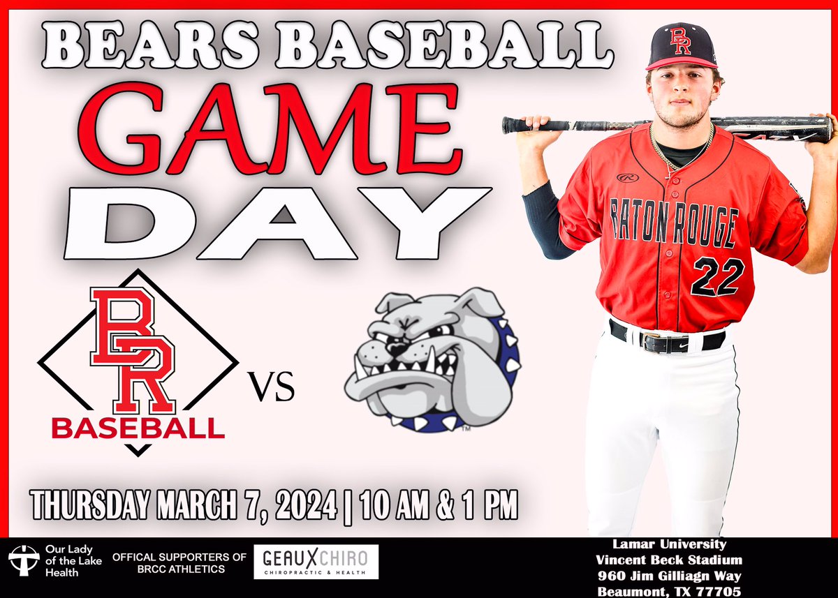 BRCC_Baseball's tweet photo. 🚨It’s GAMEDAY🚨
Bright and Early Day for the Bears
🐻⚾️🆚 South Suburban Bulldogs
📍 Beaumont, Tx
⏰ 10am & 1 pm
🏟 Lamar University- Vincent Beck Stadium
🎥 no official stream
#burnem #takeem #clawsup https://t.co/ocUitXy6Zd