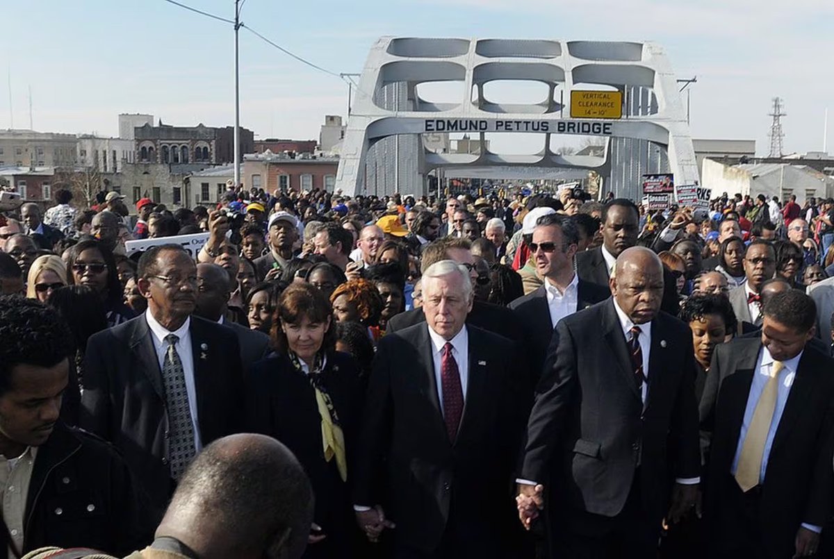 RepStenyHoyer's tweet photo. 59 years ago today, civil rights activists - including my brother John Lewis - were savagely beaten while marching for their right to vote on what is now known as Bloody Sunday.

John never bore resentment and I was honored to cross the Edmund Pettus Bridge with him 15 times. https://t.co/6eYgQuKJT1