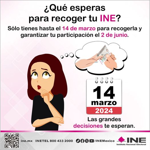 😔No la dejes en el módulo, ven por tu #CredencialParaVotar🪪
Tienes hasta el 14 de marzo⏳, #NoOlvidesTuINE y así asegura tu voto este 2 de junio. 🗳️#participaciónciudadana2024 #ContamosTodasContamosTodos
