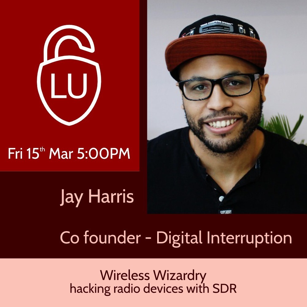 On 15th of March, co founder of <a href="/DI_Security/">Digital Interruption</a>  <a href="/JayHarris_Sec/">Jay Harris</a> is coming to Lancaster to present "Wireless Wizardry - Hacking radio devices with SDR". Come for an awesome presentation on what you can do with SDRs!