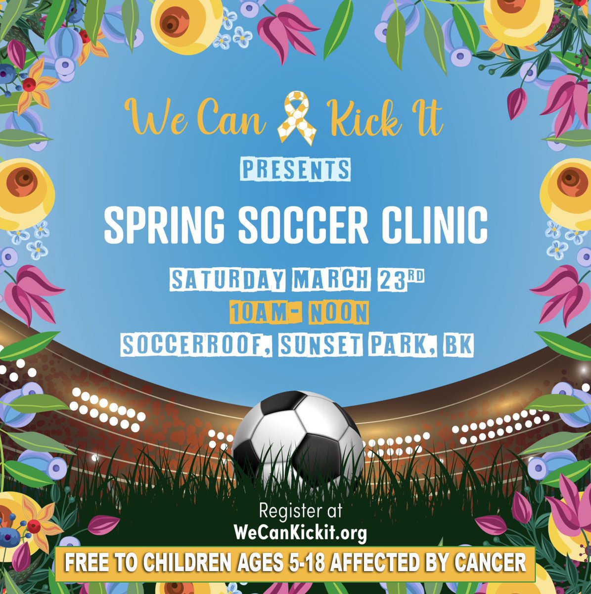 Join us March 23rd @Socceroof Brooklyn for our spring soccer clinic! Free to children and young adults affected by cancer. Register now via our website ⬆️ #wecankickit ⚽️🎗