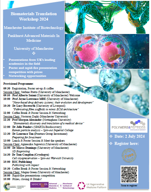 Biomaterials Translation Workshop 2024 This free in-person workshop for PDRA & PhDs is held at the @UoMMIB, with presentations by specialists in the field of biomaterials translation, poster sessions, and presentation competitions, & a drink reception. tinyurl.com/mrm926a8Biomat…
