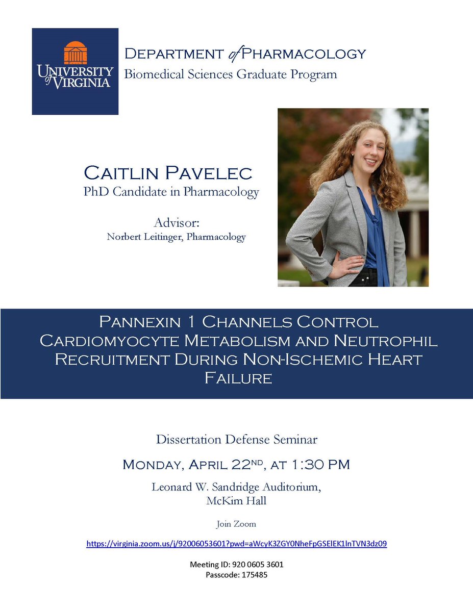 Please come out and support Caitlin Pavelec and her Advisor, Dr. Norbert Leitinger as she presents her dissertation defense on Monday, April 22, 2024 at 1:30 PM....way to go Katie! Pharm is proud of you!