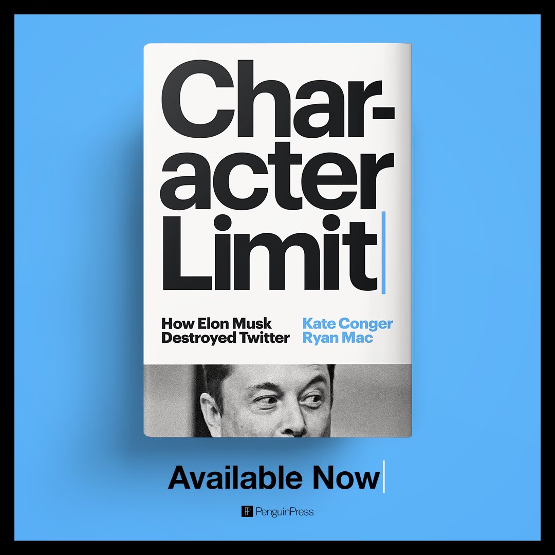 2 years of reporting &amp; writing with <a href="/RMac18/">Ryan Mac 🙃</a>, and we have one hell of a story to tell you! Our first book, CHARACTER LIMIT, is coming this September! penguinrandomhouse.com/books/737290/c…