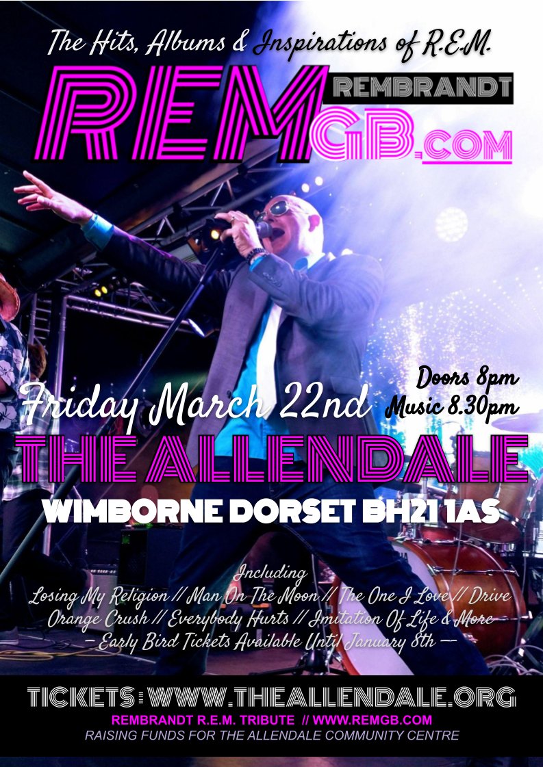 REMbrandt Friday 22nd March 2024, 8pm theallendale.org/tickets REMbrandt is the UK's only 100% live tribute band playing the hits, album tracks and influences of the American band R.E.M. Raising funds for the Allendale Community Centre. #livemusic #Tribute #wimborne #dorset