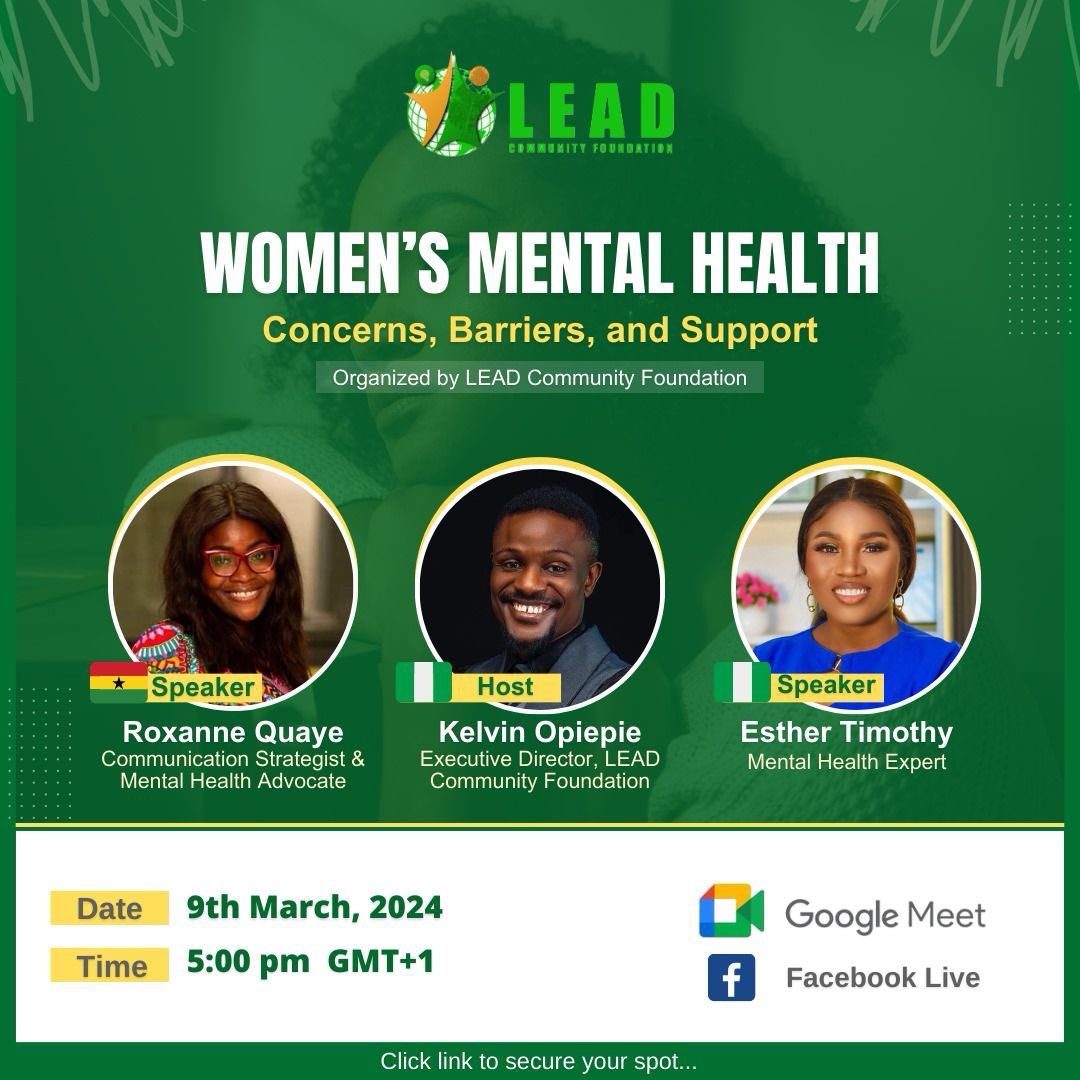 Hey💚

You're invited to join the discussion on Women's Mental Health this Saturday at 4 pm GMT via the Google Meet Link meet.google.com/uur-brmd-xxy in view of the International Women's Day Celebration🎉 

#InternationalWomensDay24 #WomensMentalHealth 
#MentalHealthIsTheNewWealth