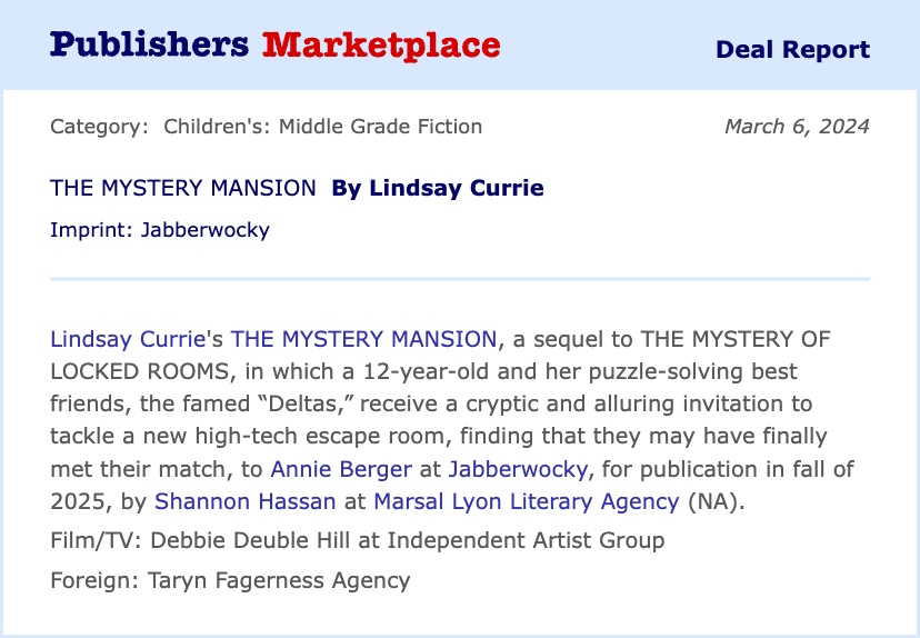 SOLD!--So excited for this super fun sequel to THE MYSTERY OF LOCKED ROOMS! Coming from @SourcebooksKids next fall! Congrats @lindsayncurrie and @EditorALB 🎉