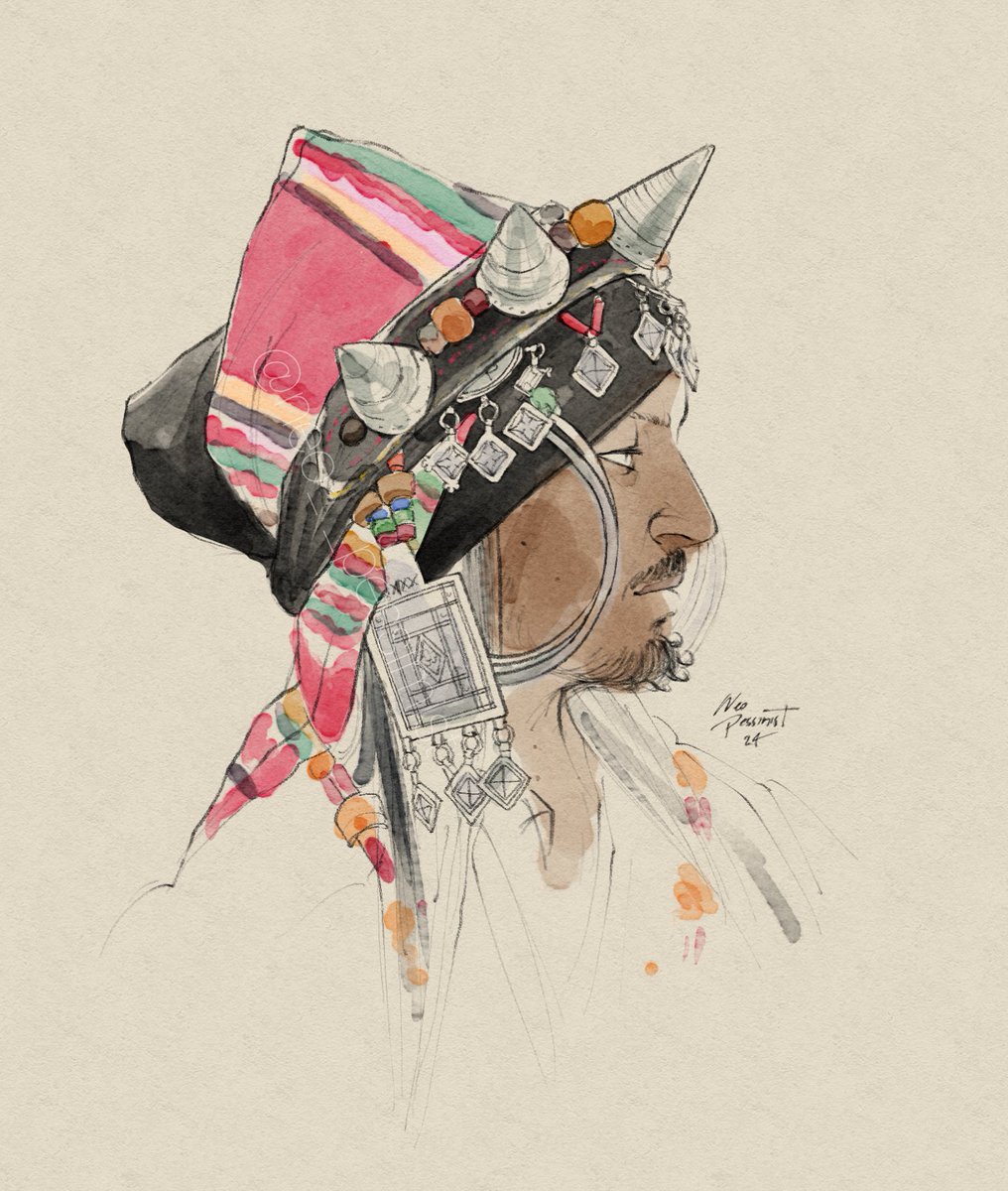 Trying very hard to get a drawing groove back, here's Roach in the absolutely breathtaking horned headpieces worn by the women of the Aït Baamrane tribe