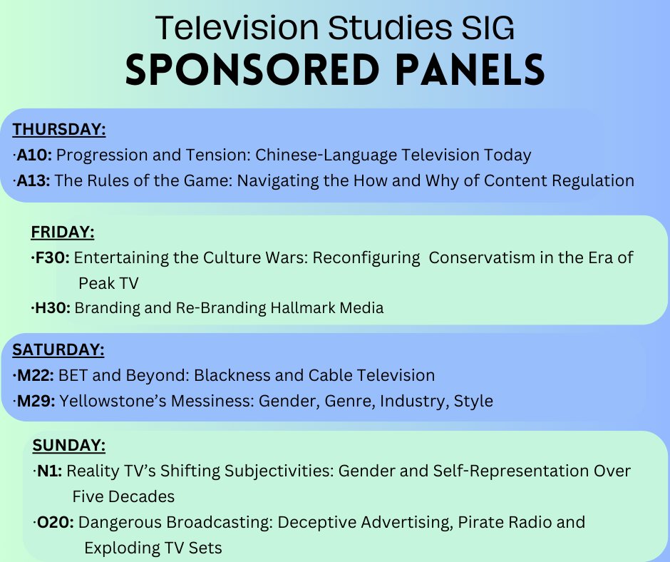 MoSchneids's tweet image. Hey, #SCMSTV SIG! Here&apos;s our list of SIG-sponsored panels for next week&apos;s #SCMS24 conference. Check &apos;em out! 

(Will also post a text list in the tweets following this one.)