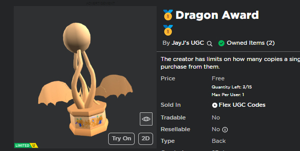 jqy_jRBLX's tweet photo. lets give away a 15 stock item! (bc i miscalculated!)

x1 dragon award 
➕FOLLOW ME   AND @JAYJS_UGC
📷RETWEET THIS 
💞LIKE THIS
#FreeUgc #ugccreators #freelimited https://t.co/NhZw9vZB2A