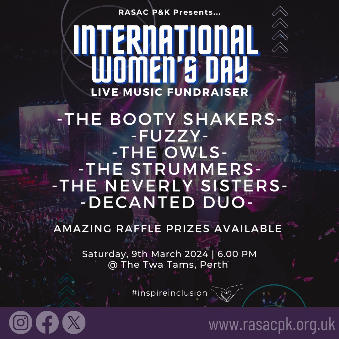This Saturday to celebrate International Women's Day a fundraiser will be held at the Twa Tams to raise funds for The Rape and Sexual Abuse Centre, Perth and Kinross! Tickets available through Skiddle. Click the link below to get yours or find out more! skiddle.com/whats-on/Perth…