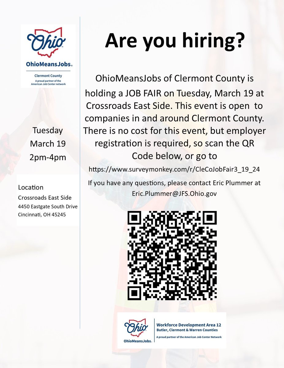 Clermont Chamber (@clermontchamber) on Twitter photo Are you hiring? Sign up today to participate in the <a href="/OMJClermont/">OhioMeansJobs Clermont County</a> "All Professions Job Fair" at <a href="/crsrdschurch/">Crossroads Church</a> East Side on March 19. Employer registration required: surveymonkey.com/r/clecojobfair…
#ProudlyClermont Are you hiring? Sign up today to participate in the <a href="/OMJClermont/">OhioMeansJobs Clermont County</a> "All Professions Job Fair" at <a href="/crsrdschurch/">Crossroads Church</a> East Side on March 19. Employer registration required: surveymonkey.com/r/clecojobfair…
#ProudlyClermont