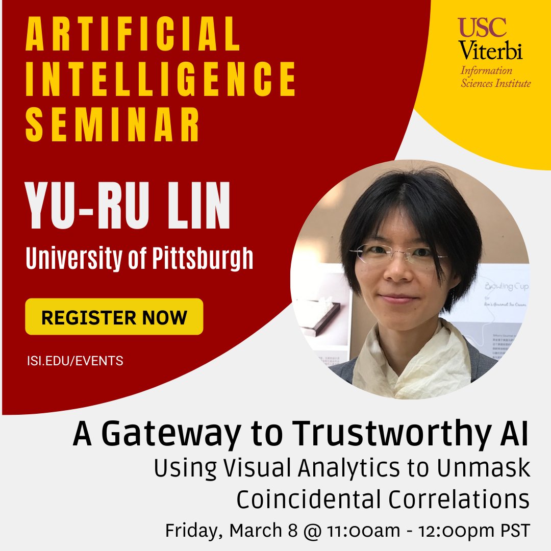 Join our AI seminar tomorrow! Yu-Ru Lin is an Associate Professor and the Research Director of Pitt Cyber at the Univ. of Pitt. In this seminar, she'll introduce how visual analytic designs can empower data practitioners in navigating complex issues. Join: bit.ly/3wKuOhi