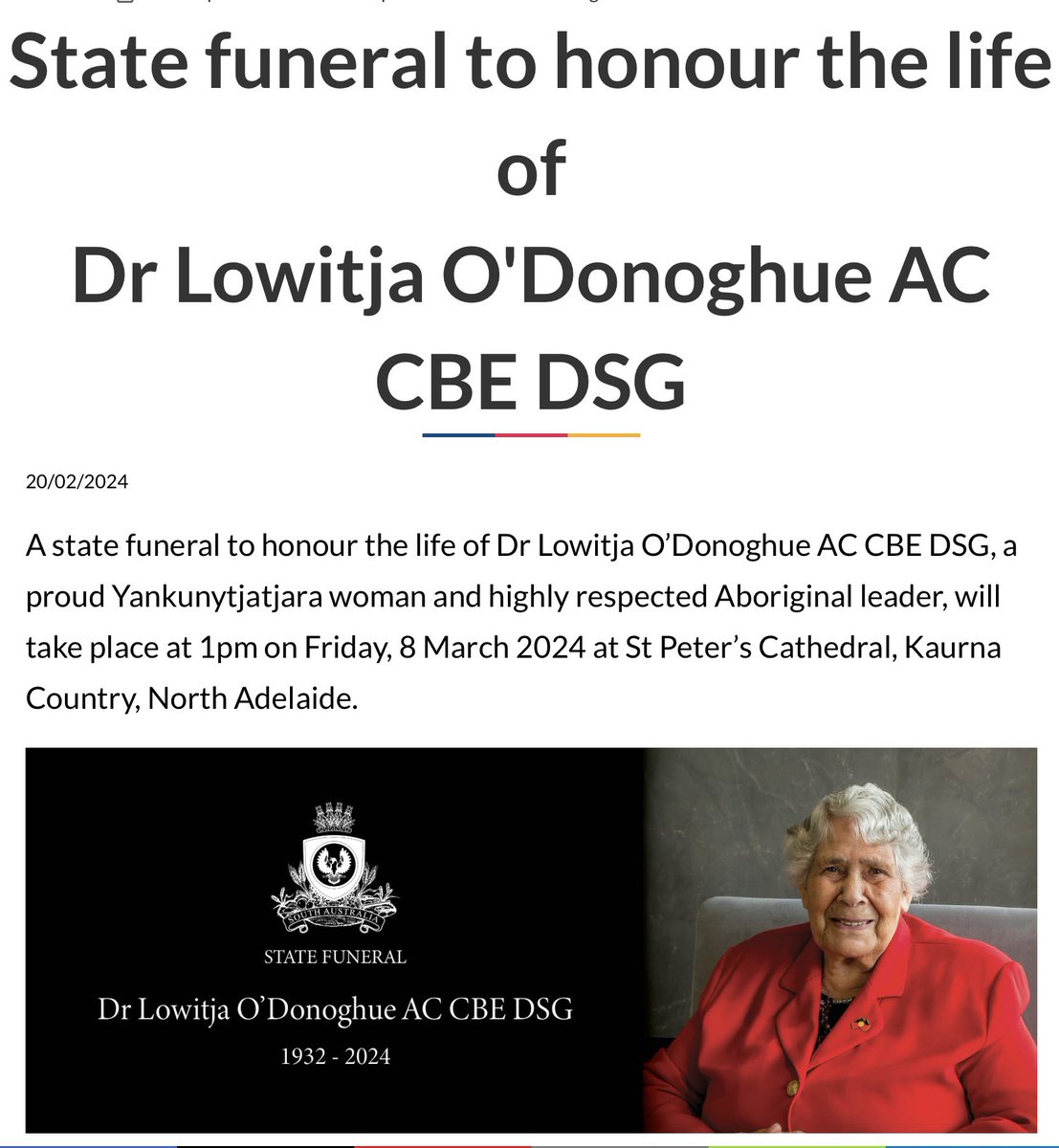 ClosetheGap 🖤 💛 ❤️ Campaign 💙 💚 (@closethegapoz) on Twitter photo .<a href="/LowitjaInstitut/">Lowitja Institute</a> Today we farewell Dr O’Donoghue on Kaurna Country in Adelaide. A gracious farewell to a truly ground-breaking woman on #InternationalWomensDay2024
The State Funeral live stream will be available to view for free from 1pm ACDT
facebook.com/10006492753046…? .<a href="/LowitjaInstitut/">Lowitja Institute</a> Today we farewell Dr O’Donoghue on Kaurna Country in Adelaide. A gracious farewell to a truly ground-breaking woman on #InternationalWomensDay2024
The State Funeral live stream will be available to view for free from 1pm ACDT
facebook.com/10006492753046…?
