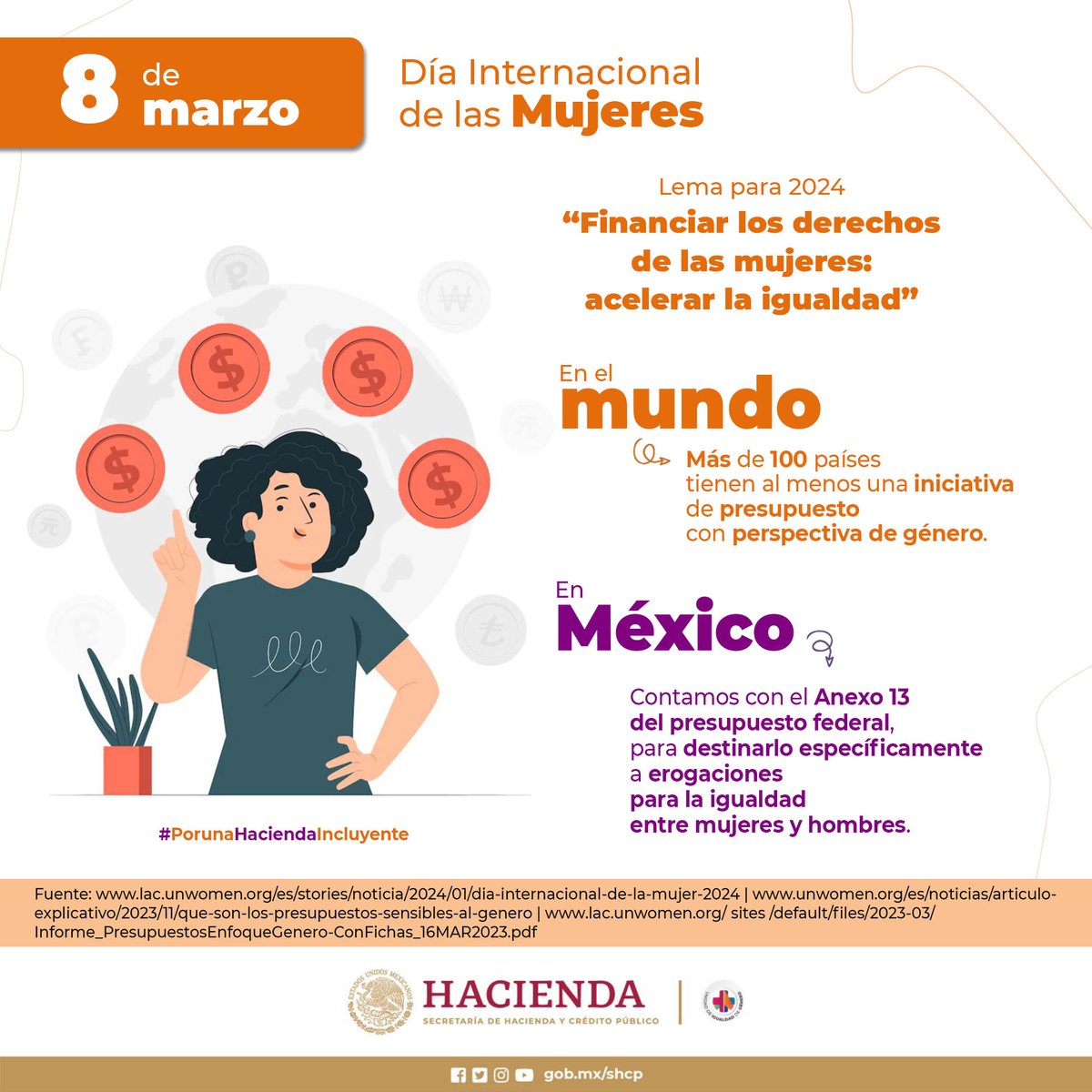 El #8M se conmemora en todo el mundo para hacer consciencia sobre la importancia de proteger los derechos de las mujeres, garantizar su seguridad y acelerar la igualdad.

#EfemérideHacienda 🗓️
#PorUnaHaciendaIncluyente