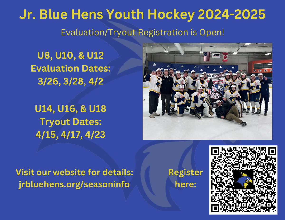 Jr. Blue Hens Tryout/Evaluation registration is open!
Season details here: jrbluehens.org/seasoninfo