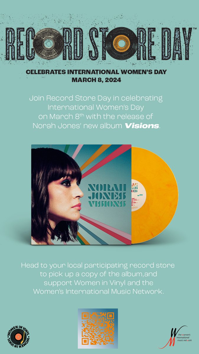 Join us and Norah Jones as we celebrate #InternationalWomensDay and her brand new album Visions this Friday, March 8. We're promoting two great organizations that champion women in the music industry: @WomenInVinyl and @the_wimn