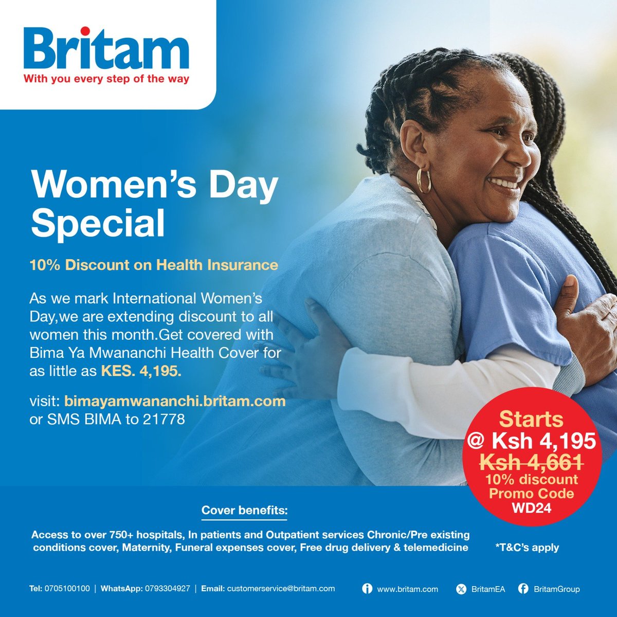 Insurance protection gap is high among women. This #InternationalWomensDay @BritamEA is offering a 10% discount on Health Microinsurance to women clients.