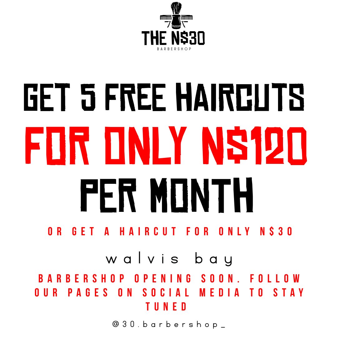 30BSNA's tweet photo. Become a member at our barbershop and get 5 free hair-cuts every month for only N$120 per month https://t.co/NZgOO2kJRN