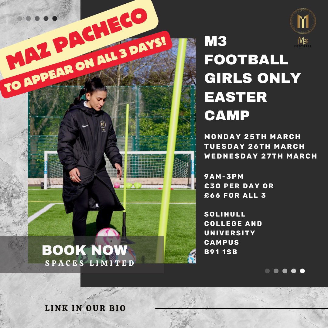 M3 Girls Only camps - Solihull Venue 🔥

Monday 25th-Wednesday 27th March
9am-3pm 

Tuesday 2nd-Wednesday 3rd April 
10am-3pm 

m3-football.classforkids.io