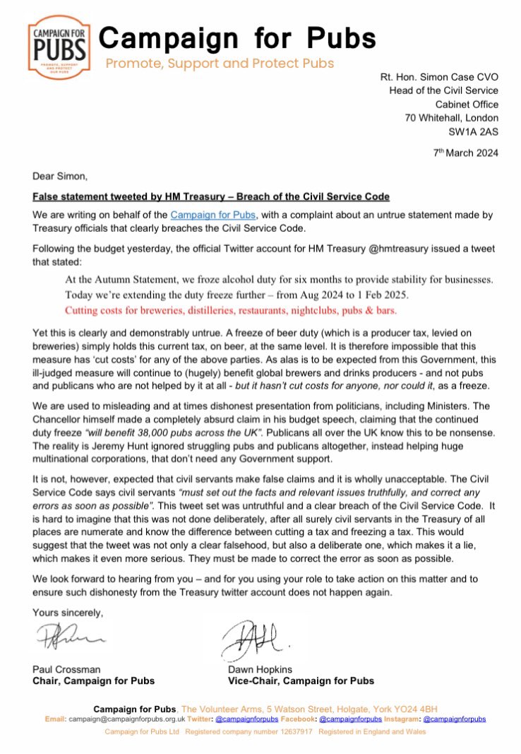 Yesterday, when cheerleading for the Chancellor’s appalling budget, that badly failed #pubs &amp; #publicans, Treasury civil servants issued a lie about the impact of the alcohol duty freeze, a clear breach of the #CivilServiceCode. We have written to the Head of the Civil Service ⬇️