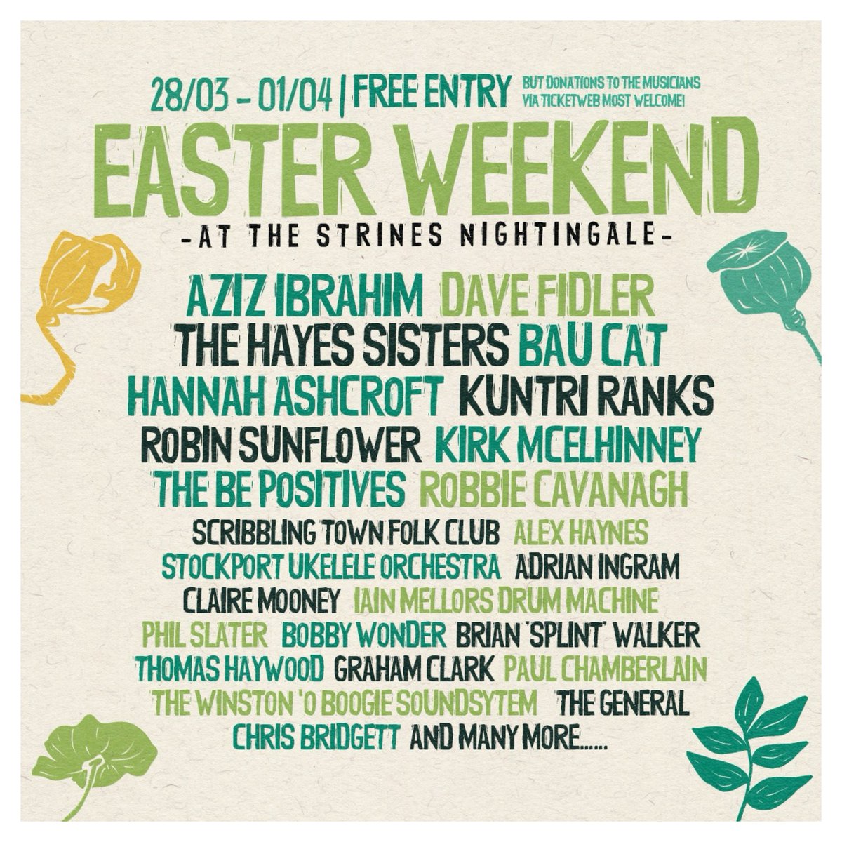 davefid's tweet image. Announcement! I’ll be playing the Easter Weekender at Strines Nightingale on 1st April. Free Entry! I’ll be on around 5pm. See you there xx