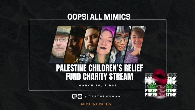 One week from today, join
@DorklordCanada as he takes
<a href="/dimplesndice/">dimples the Damp Daddy</a>
<a href="/Nat1Fun/">Dan Muñoz</a>
<a href="/annethegnome/">Gnome Anne May Perceive Me</a>
<a href="/heycalamityyy/">Calamity</a>
+ me on an Oops All Mimics D&amp;D journey to raise funds for <a href="/ThePCRF/">The PCRF (Palestine Children's Relief Fund)</a>! The first $500 donated of this game is matched by <a href="/litlcord/">Mimicnomicon - AVAILABLE NOW!</a> the makers of <a href="/mimicnomicon/">Coming Out of Mimiclandia - Out Now!</a>

March 14 🔴 5 PST