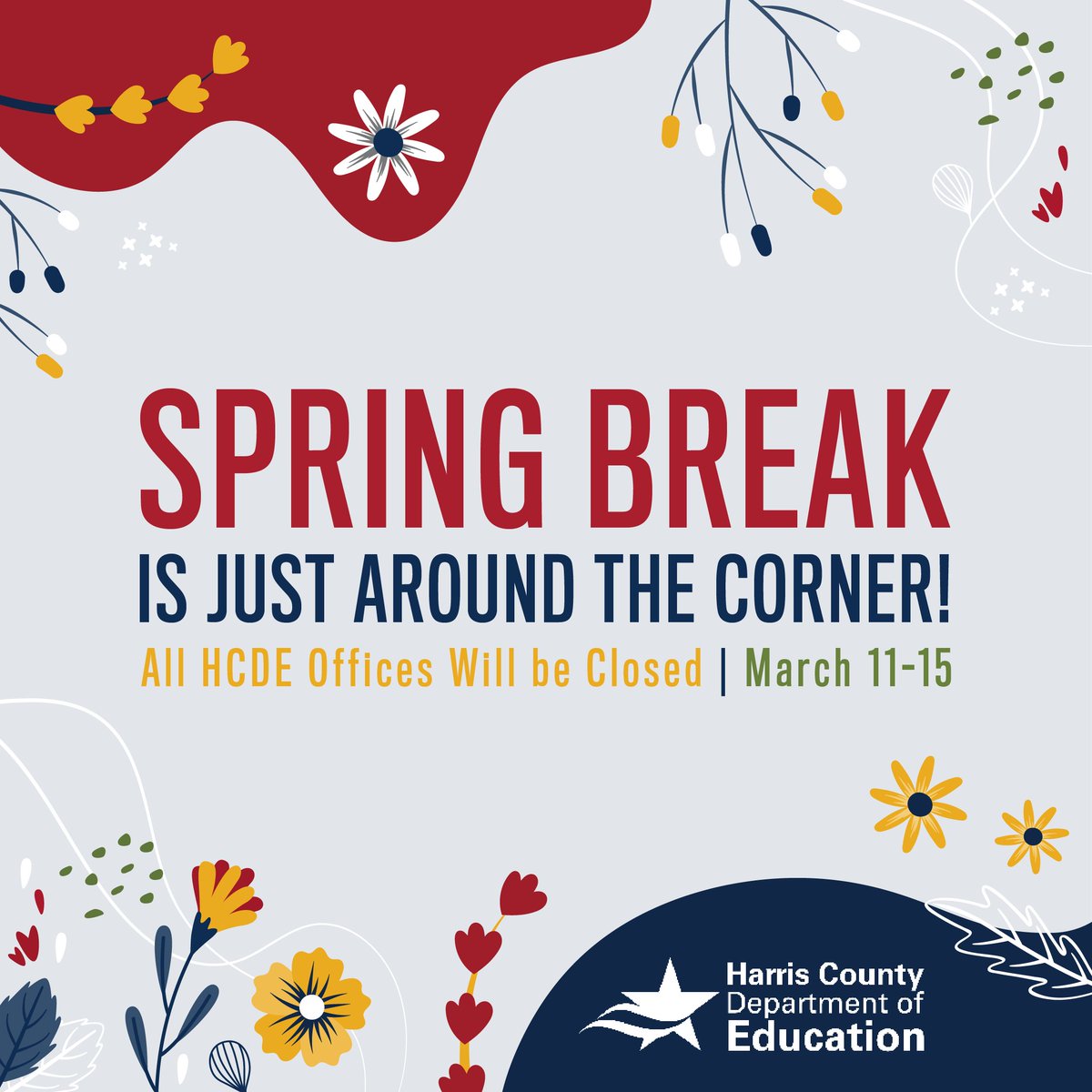 The Adult Education Learning Center will be closed from Monday, March 11 to Friday, March 15 for spring break. All classes will resume on Monday, March 18.

We wish you a wonderful spring break!

#HCDEAdultEducation #TeacherBreak #SpringBreak