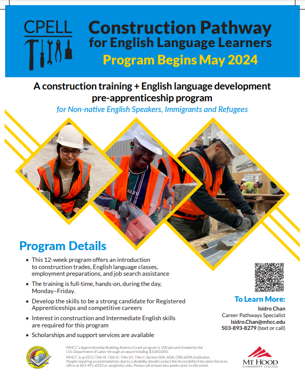 Check out this opportunity for non-native English speakers, immigrants, and refugees to access construction career training while building English language skills! To receive more information, fill out this form: forms.office.com/Pages/Response…