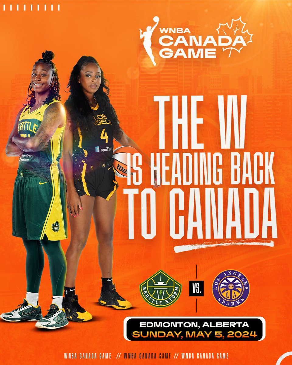 The W is coming back to Canada 🍁

Tune in May 5th as the <a href="/seattlestorm/">Seattle Storm</a> take on the <a href="/LASparks/">Los Angeles Sparks</a> in Edmonton, Alberta! 

Tickets go on sale 3/20, register now for pre-sale access ➡️  wnbacanadagame.com

#WNBACanadaGame
