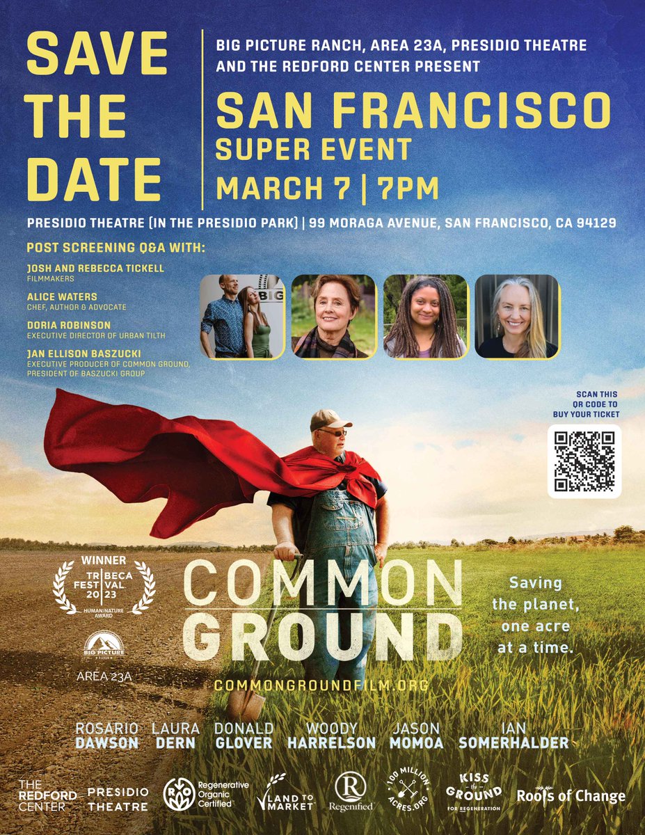 Looks like there a few more seats available for tonight's showing of our regenerative agriculture movie Common Ground @commongrounddoc, at San Francisco's Presidio Theater. I'll be on a panel afterward with the directors and Alice Waters. Join us! Tickets: