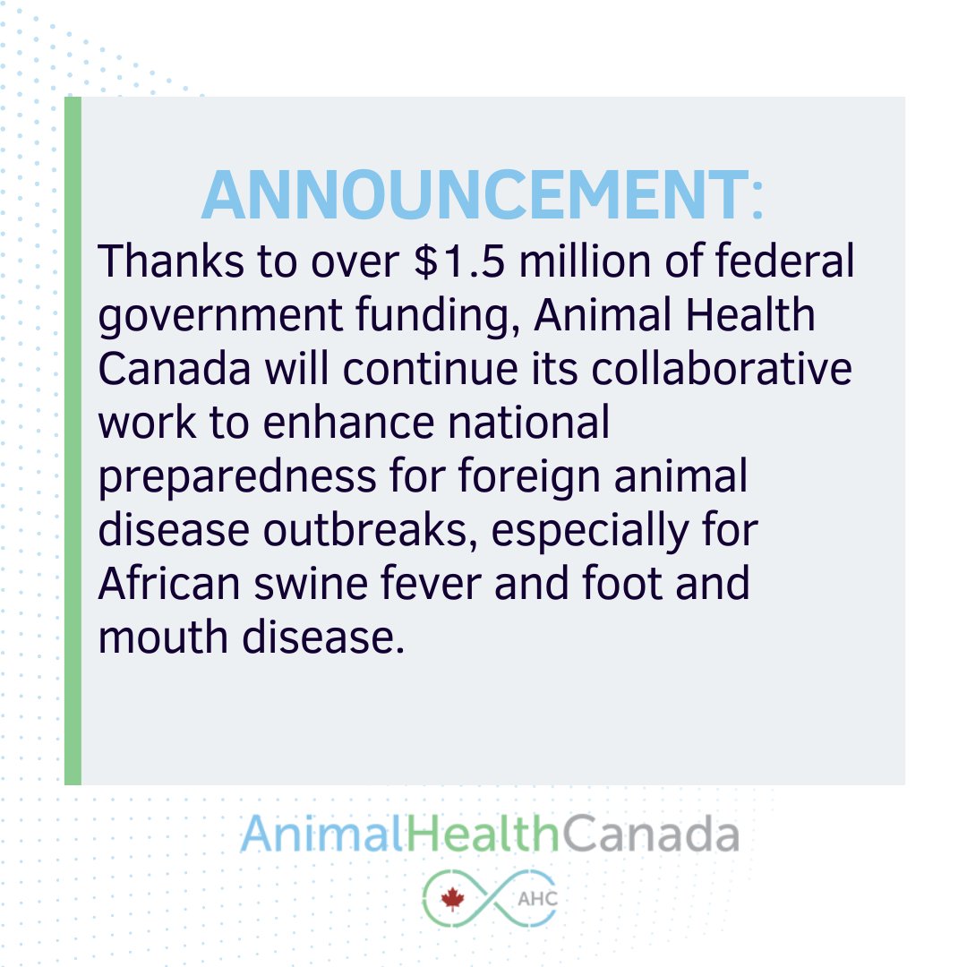 Animal Health Canada | Santé animale Canada (@ahc_sac) on Twitter photo Thanks to over $1.5 million of #GoC funding, <a href="/AHC_SAC/">Animal Health Canada | Santé animale Canada</a> will continue its collaborative work to enhance national preparedness for foreign animal disease outbreaks, especially for #AfricanSwineFever and #FootAndMouthDisease.
<a href="/InspectionCan/">Canadian Food Inspection Agency</a> <a href="/AAFC_Canada/">AAFC Canada</a>
👉animalhealthcanada.ca/pdfs/NR-AHC-Fu… Thanks to over $1.5 million of #GoC funding, <a href="/AHC_SAC/">Animal Health Canada | Santé animale Canada</a> will continue its collaborative work to enhance national preparedness for foreign animal disease outbreaks, especially for #AfricanSwineFever and #FootAndMouthDisease.
<a href="/InspectionCan/">Canadian Food Inspection Agency</a> <a href="/AAFC_Canada/">AAFC Canada</a>
👉animalhealthcanada.ca/pdfs/NR-AHC-Fu…