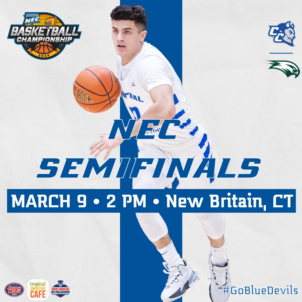 🏀 @CCSU_MBB GAMEDAY *NEC SEMIFINALS* 📆 Saturday, March 9 ⏰ 2pm vs. Wagner 📍 Detrick Gymnasium | New Britain, CT 📺 YES 💻 @NECFrontRow, ESPN+, NESN+ 📊 tinyurl.com/ycyprruw Skip the line, buy🎟 online: ccsubluedevils.com/tickets2023 #GoBlueDevils | #necmbb