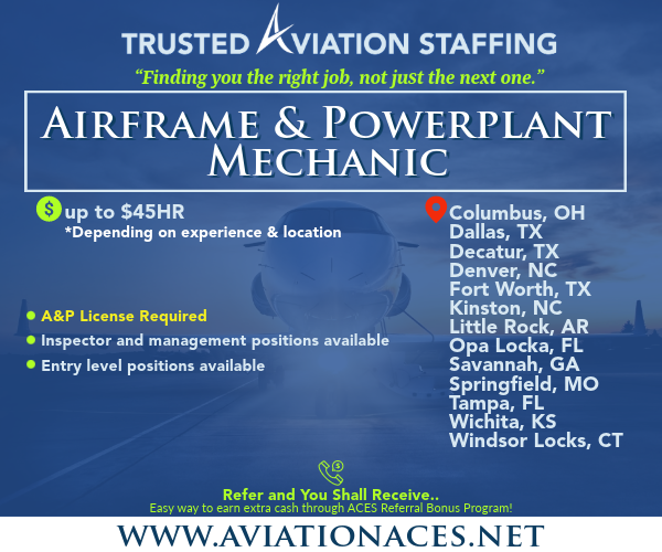 Explore A&P opportunities nationwide with ACES. Whether you're a newly licensed professional or an experienced mechanic, connect with us today to discover a multitude of career possibilities. aviationaces.net/job-openings #aviationjobs #staffingagency #recruiting #nowhiring