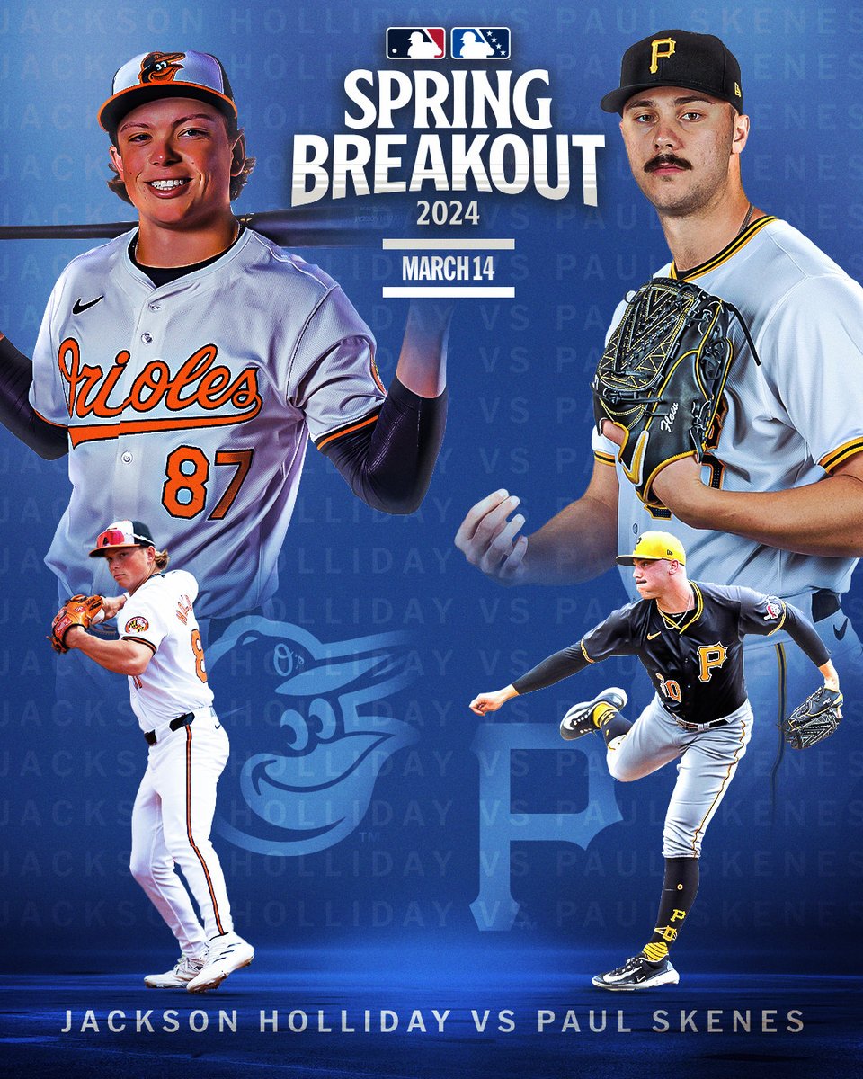 MLB (@mlb) on Twitter photo Best vs. best! Baseball's top hitting prospect vs. baseball's top pitching prospect on the first day of #SpringBreakout 🔥
Watch <a href="/Orioles/">Baltimore Orioles</a> vs. <a href="/Pirates/">Pittsburgh Pirates</a> on March 14 at 7 pm ET, live and blackout-free on MLB digital platforms and <a href="/MLBNetwork/">MLB Network</a>. Best vs. best! Baseball's top hitting prospect vs. baseball's top pitching prospect on the first day of #SpringBreakout 🔥
Watch <a href="/Orioles/">Baltimore Orioles</a> vs. <a href="/Pirates/">Pittsburgh Pirates</a> on March 14 at 7 pm ET, live and blackout-free on MLB digital platforms and <a href="/MLBNetwork/">MLB Network</a>.