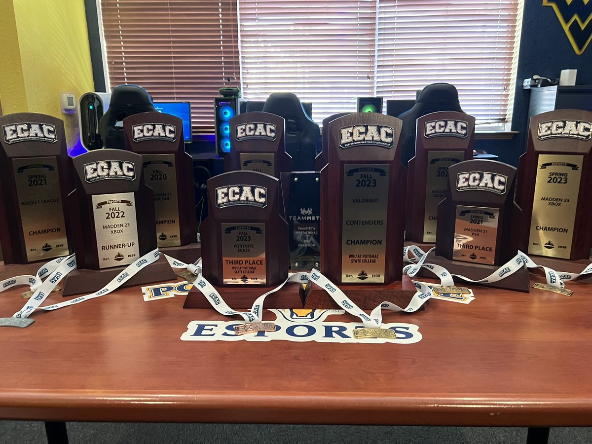 WVUPSCEsports's tweet photo. Our collection grows today as we add the @ECAC_Esports Valorant Contenders Champion and the Fortnite Duos 3rd place trophies! https://t.co/jV9rbmusoJ