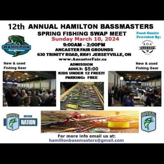 🎣 Attention local anglers! Don't miss the Hamilton Bass Masters Spring swap this Sunday, March 10th from 9am-2pm at the Ancaster Fairgrounds. Upgrade your gear and connect with fellow fishing enthusiasts! #HamiltonBassMasters #SpringSwap #FishOn #AnglersParadise #Ancaster