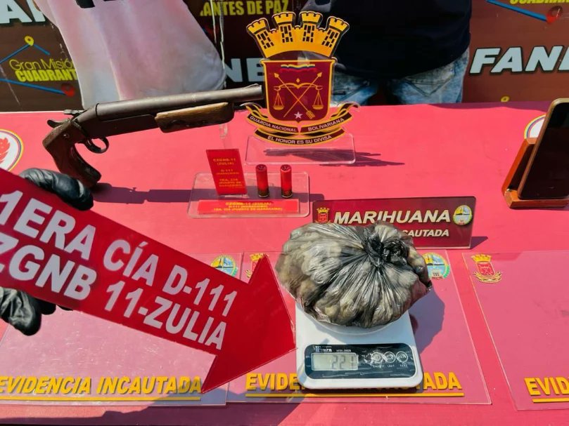 GnbGaranteDePaz's tweet photo. La FANB en el municipio San San Francisco, estado Zulia, capturó a un ciudadano a quien se le incautó 128 dosis de marihuana, con un peso de 0,221 kg, 01 arma de fuego tipo escopetín, sin marcas ni seriales visibles con 02 cartuchos del mismo calibre y 01 teléfono. A/O MP. https://t.co/nmuTgbSthP