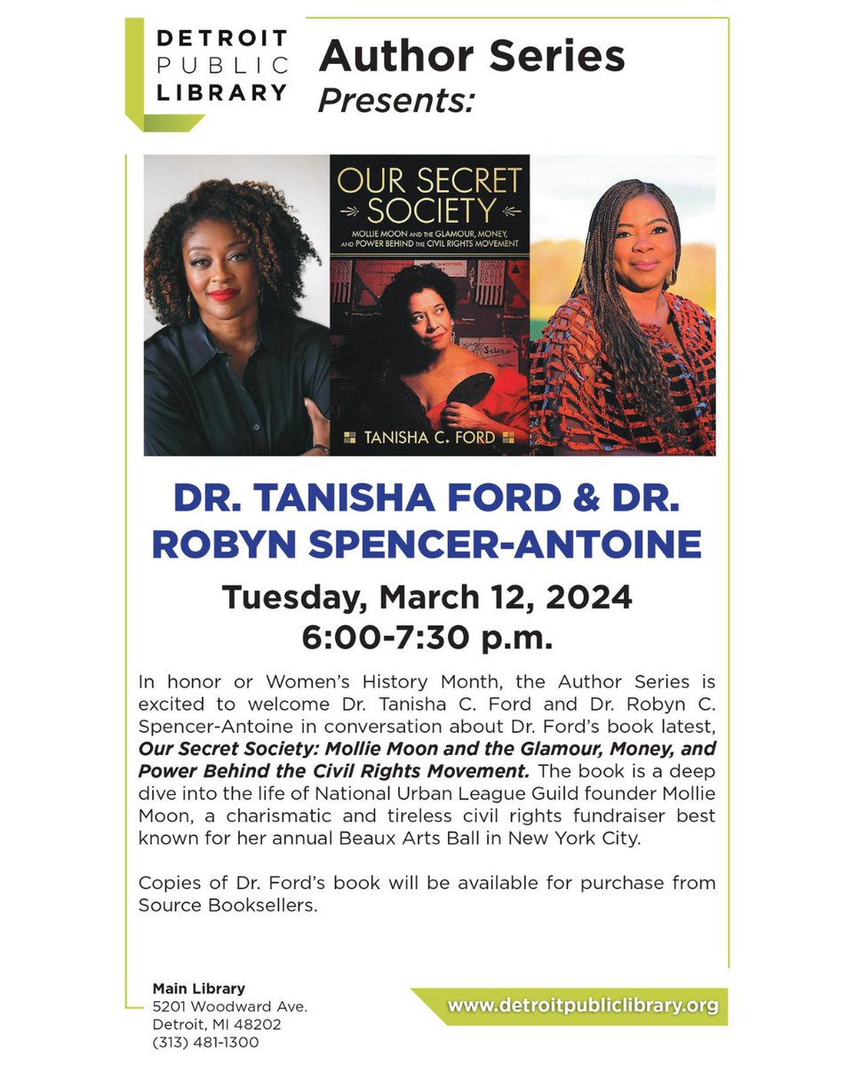 💫 In honor of Women's History Month, the Detroit Public Library will be hosting Dr. Tanisha C. Ford and Dr. Robyn C. Spencer-Antoine as they talk about Dr. Ford's latest book! 🗓Don't miss out on March 12 at 6:00pm!